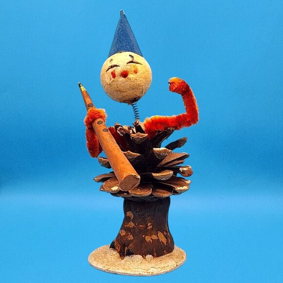 Vintage Bobblehead Elf Ornament Pinecone Body Spun Cotton Chenille Clarinet 50s - Picture 3 of 9